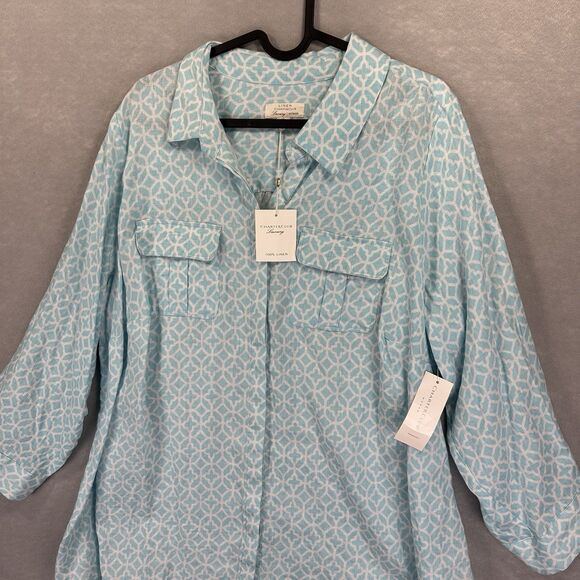 Charter Club Luxury Women’s 100% Linen 2X Blue Pattern Roll tab Sleeve Button Up - Picture 3 of 12